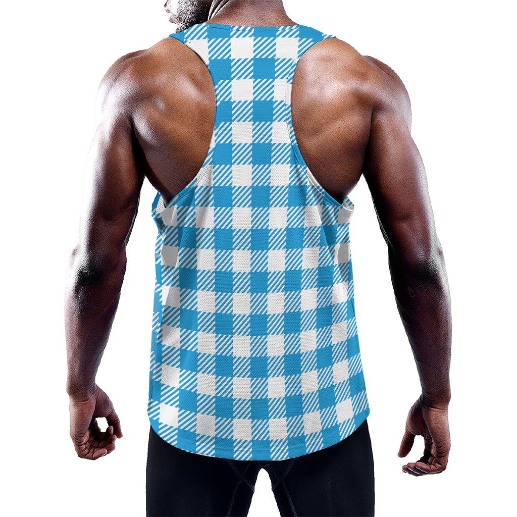 Azure Blue And White Gingham Print Training Tank Top