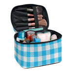 Azure Blue And White Gingham Print Travel Makeup Bag