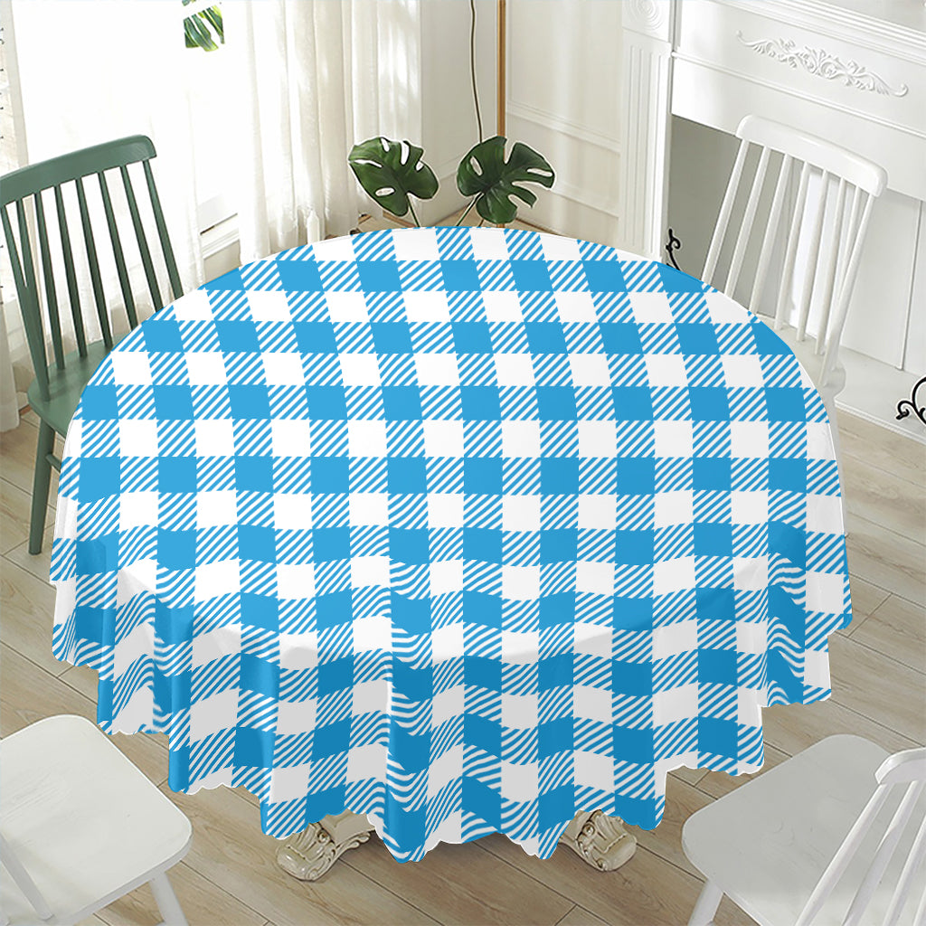 Azure Blue And White Gingham Print Waterproof Round Tablecloth