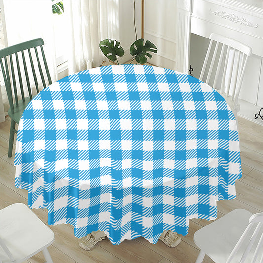Azure Blue And White Gingham Print Waterproof Round Tablecloth