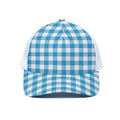 Azure Blue And White Gingham Print White Mesh Trucker Hat
