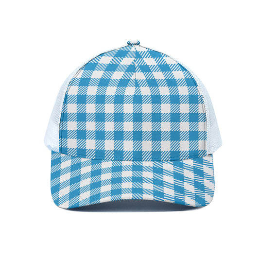 Azure Blue And White Gingham Print White Mesh Trucker Cap