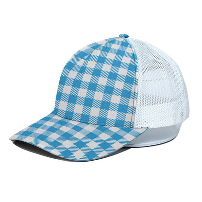 Azure Blue And White Gingham Print White Mesh Trucker Cap