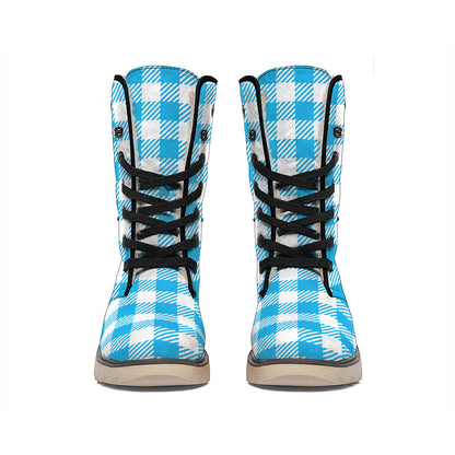 Azure Blue And White Gingham Print Winter Boots
