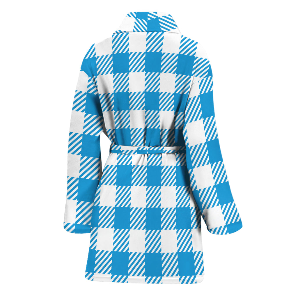 Azure Blue And White Gingham Print Women's Bathrobe