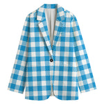 Azure Blue And White Gingham Print Women's Blazer