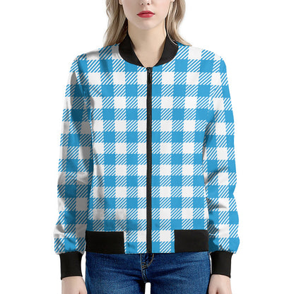Azure Blue And White Gingham Print Women's Bomber Jacket