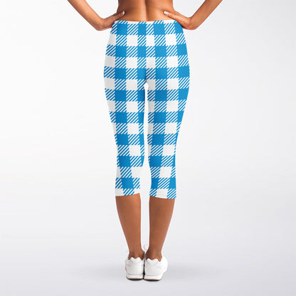 Azure Blue And White Gingham Print Women's Capri Leggings