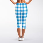 Azure Blue And White Gingham Print Women's Capri Leggings