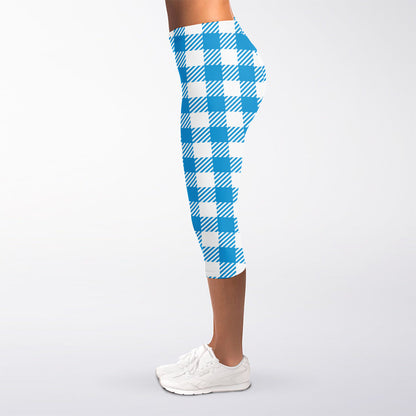 Azure Blue And White Gingham Print Women's Capri Leggings