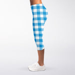 Azure Blue And White Gingham Print Women's Capri Leggings