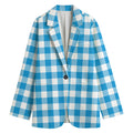 Azure Blue And White Gingham Print Women's Cotton Blazer
