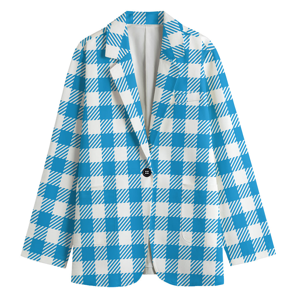 Azure Blue And White Gingham Print Women's Cotton Blazer