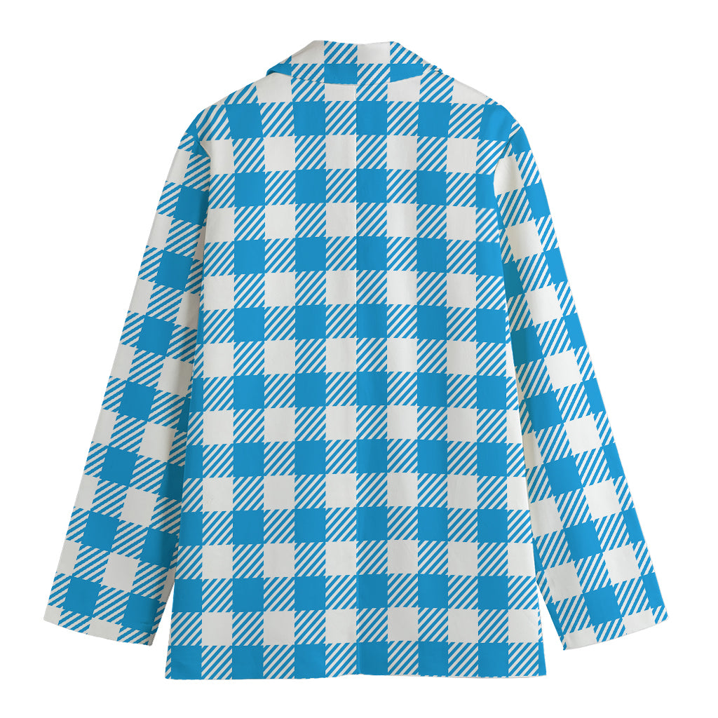 Azure Blue And White Gingham Print Women's Cotton Blazer