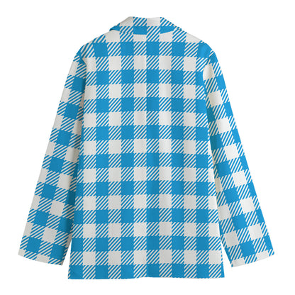 Azure Blue And White Gingham Print Women's Cotton Blazer