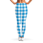 Azure Blue And White Gingham Print Women's Leggings