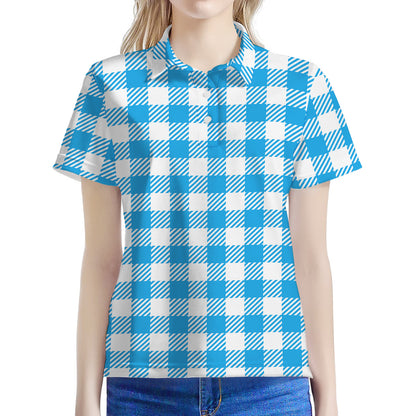 Azure Blue And White Gingham Print Women's Polo Shirt