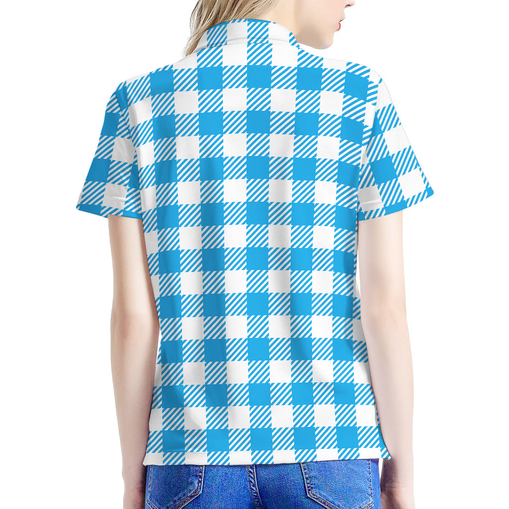 Azure Blue And White Gingham Print Women's Polo Shirt