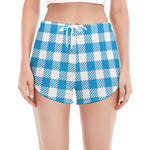 Azure Blue And White Gingham Print Women's Split Running Shorts