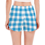 Azure Blue And White Gingham Print Women's Split Running Shorts