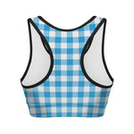 Azure Blue And White Gingham Print Women's Sports Bra