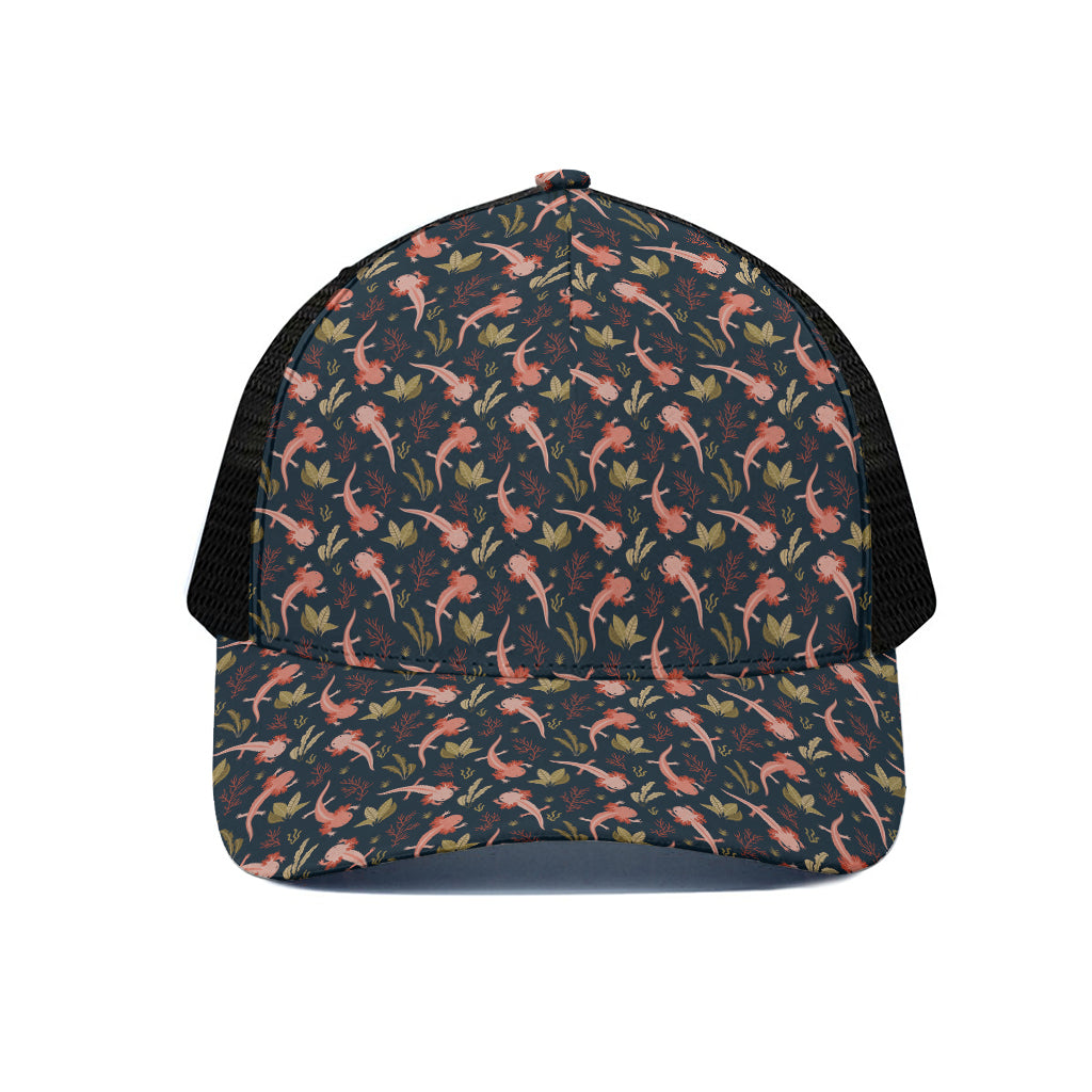 Baby Axolotl Pattern Print Black Mesh Trucker Cap