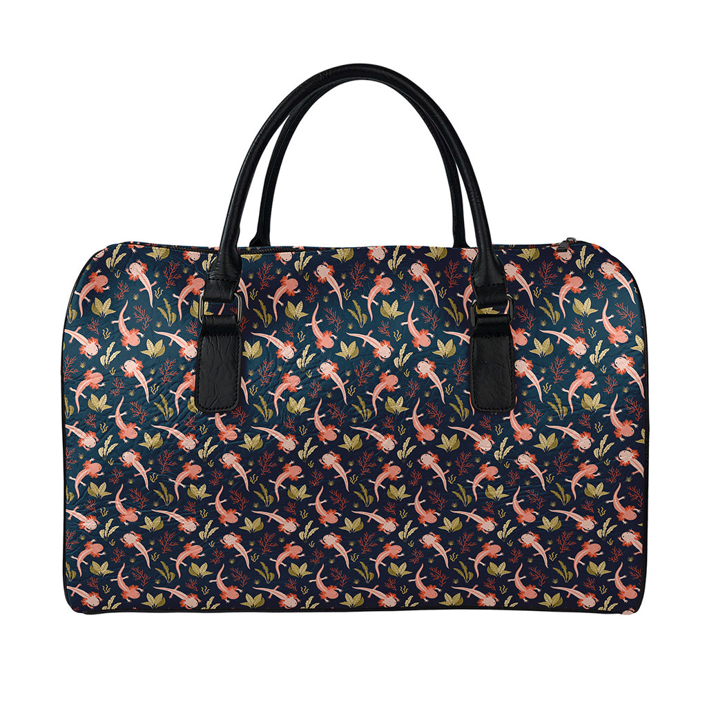Baby Axolotl Pattern Print Leather Duffle Bag