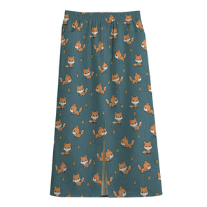 Baby Fox Pattern Print Cotton Front Slit Maxi Skirt