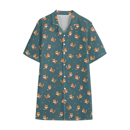 Baby Fox Pattern Print Cotton Hawaiian Shirt