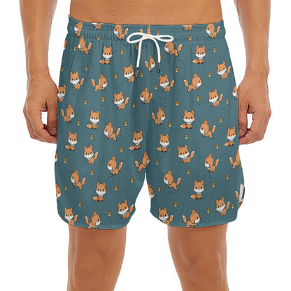 Baby Fox Pattern Print Men's Split Running Shorts