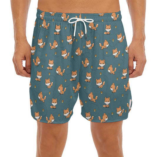 Baby Fox Pattern Print Men's Split Running Shorts