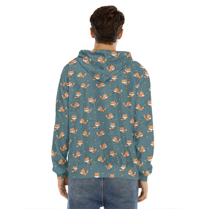 Baby Fox Pattern Print Men's Velvet Pullover Hoodie