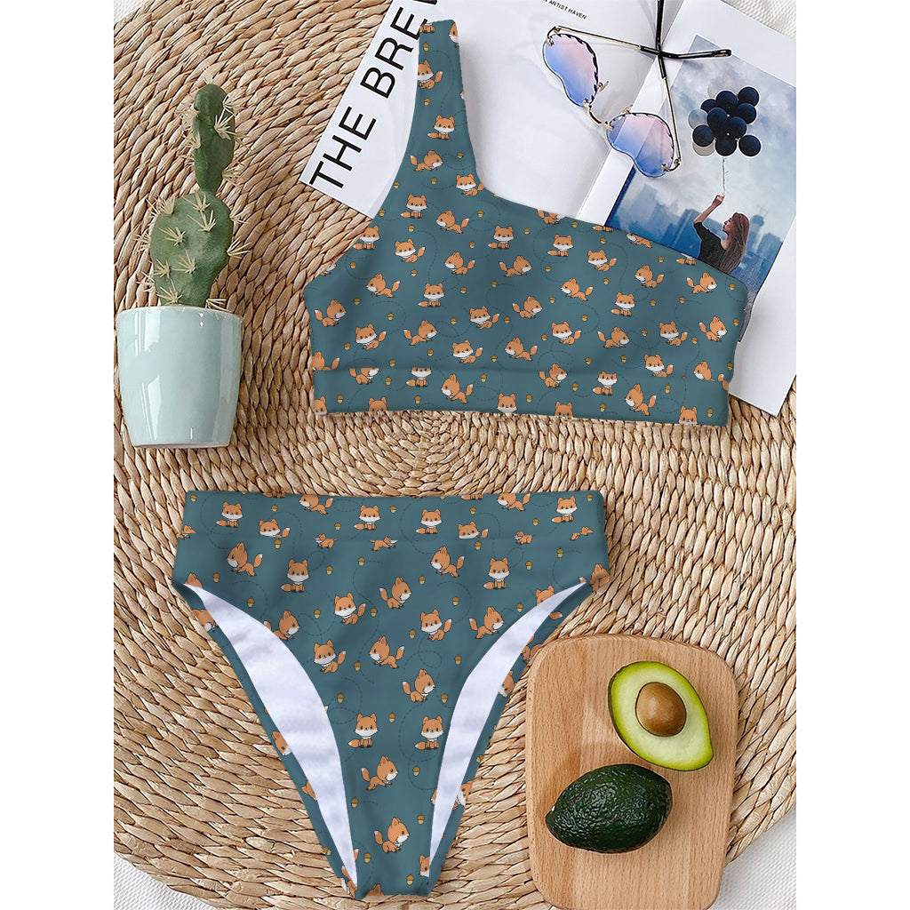 Baby Fox Pattern Print One Shoulder Bikini Top