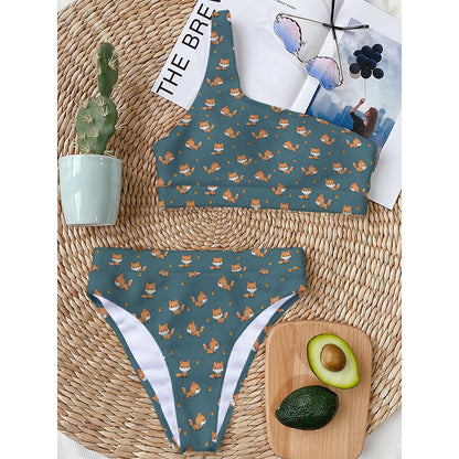 Baby Fox Pattern Print One Shoulder Bikini Top