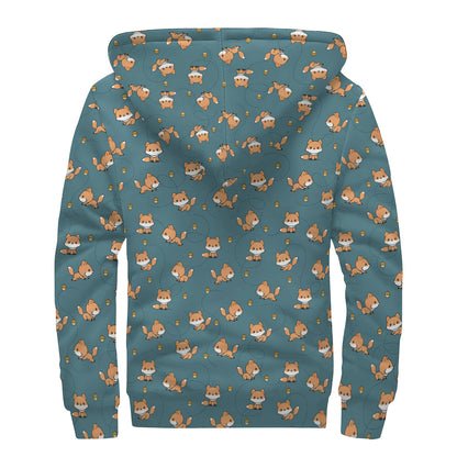 Baby Fox Pattern Print Sherpa Lined Zip Up Hoodie