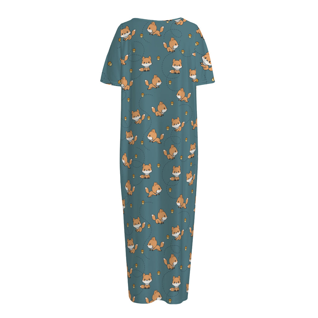 Baby Fox Pattern Print Short Sleeve Long Nightdress