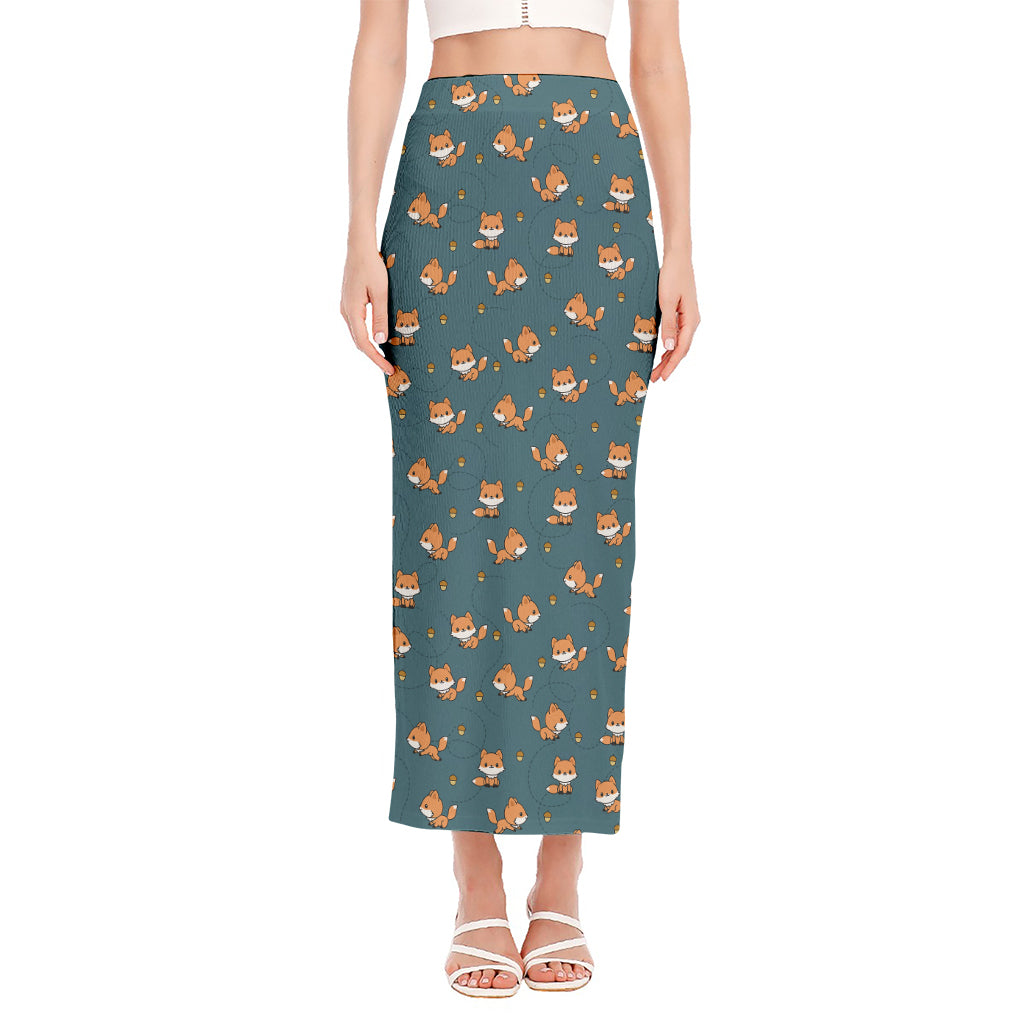 Baby Fox Pattern Print Side Slit Maxi Skirt