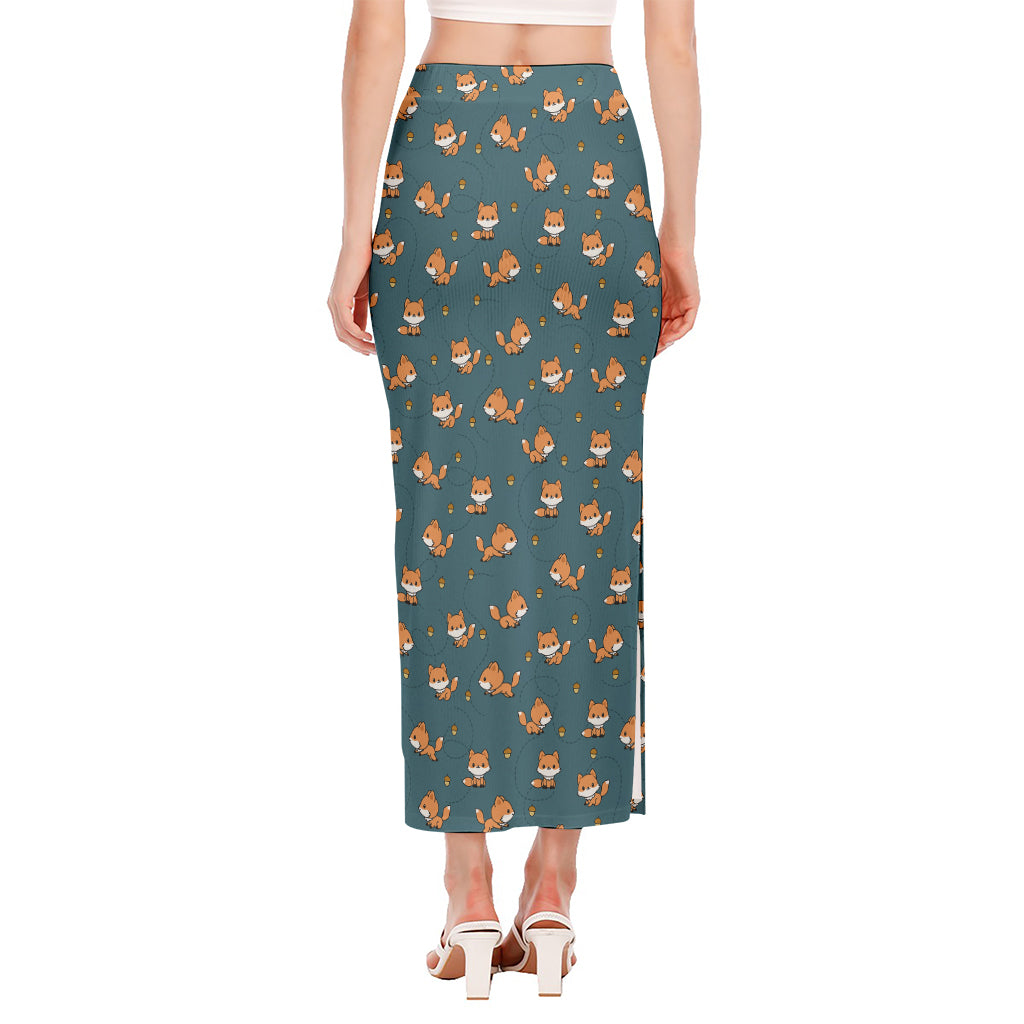 Baby Fox Pattern Print Side Slit Maxi Skirt