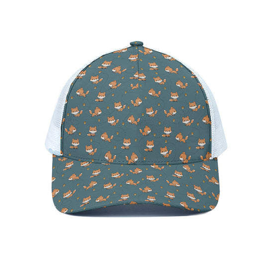Baby Fox Pattern Print White Mesh Trucker Cap