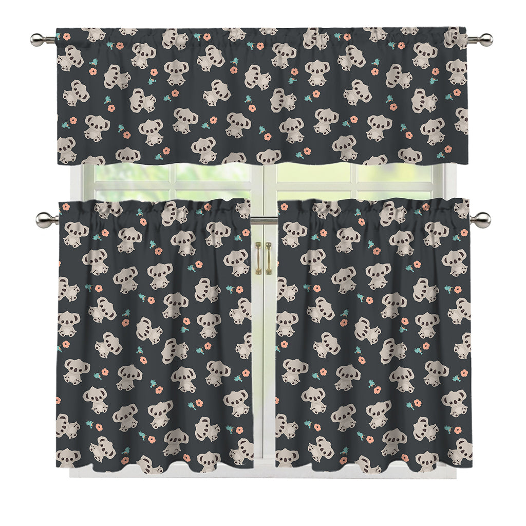 Baby Koala And Floral Pattern Print 3 Piece Kitchen Curtains