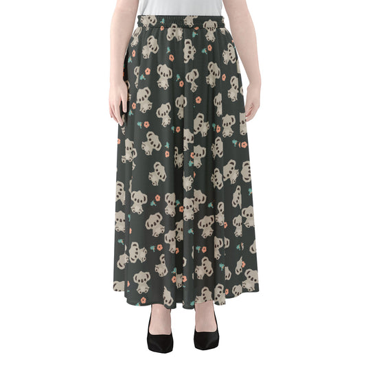 Baby Koala And Floral Pattern Print Chiffon Maxi Skirt