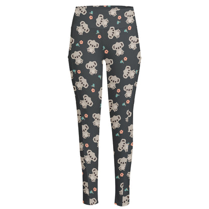 Baby Koala And Floral Pattern Print High-Waisted Pocket Leggings
