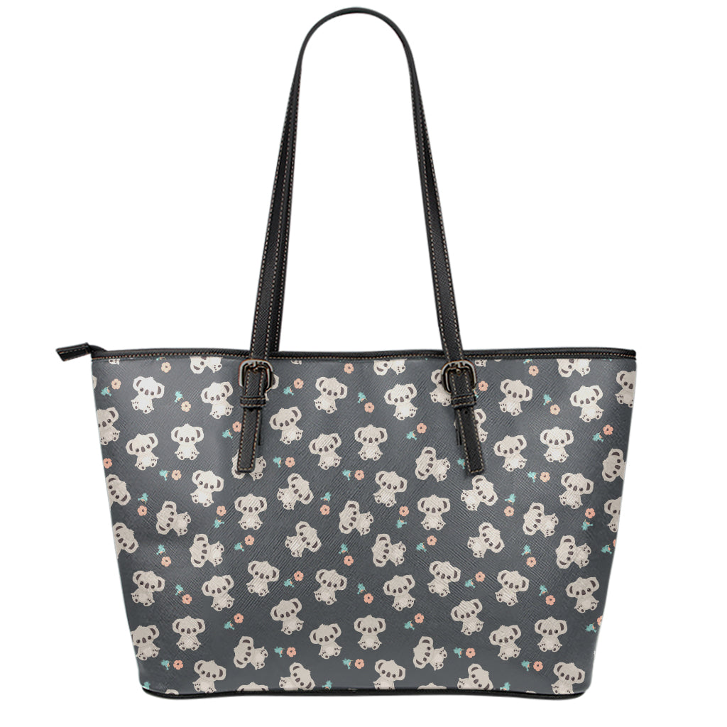 Baby Koala And Floral Pattern Print Leather Tote Bag