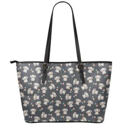 Baby Koala And Floral Pattern Print Leather Tote Bag