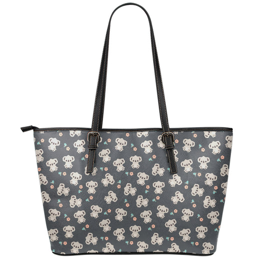 Baby Koala And Floral Pattern Print Leather Tote Bag