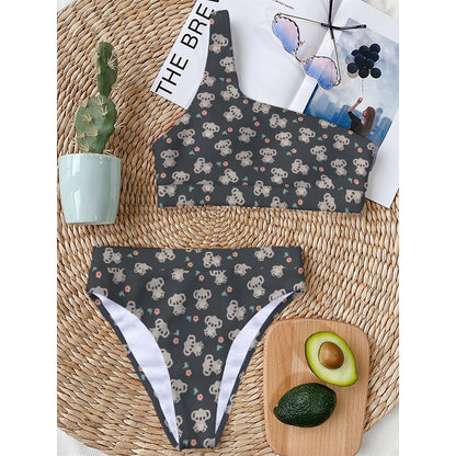 Baby Koala And Floral Pattern Print One Shoulder Bikini Top