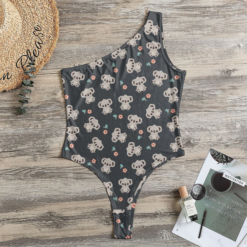Baby Koala And Floral Pattern Print One Shoulder Bodysuit