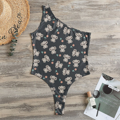 Baby Koala And Floral Pattern Print One Shoulder Bodysuit