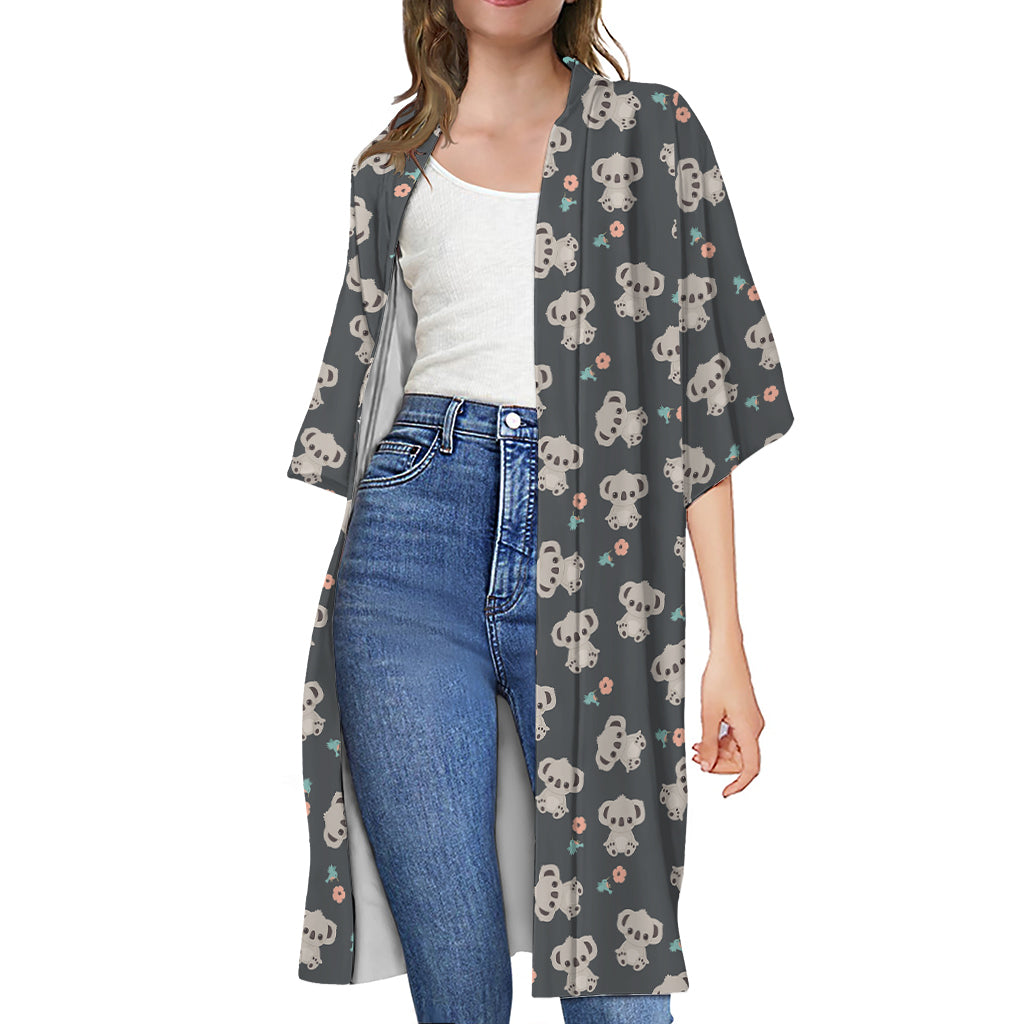 Baby Koala And Floral Pattern Print Open Front Beach Cover Up