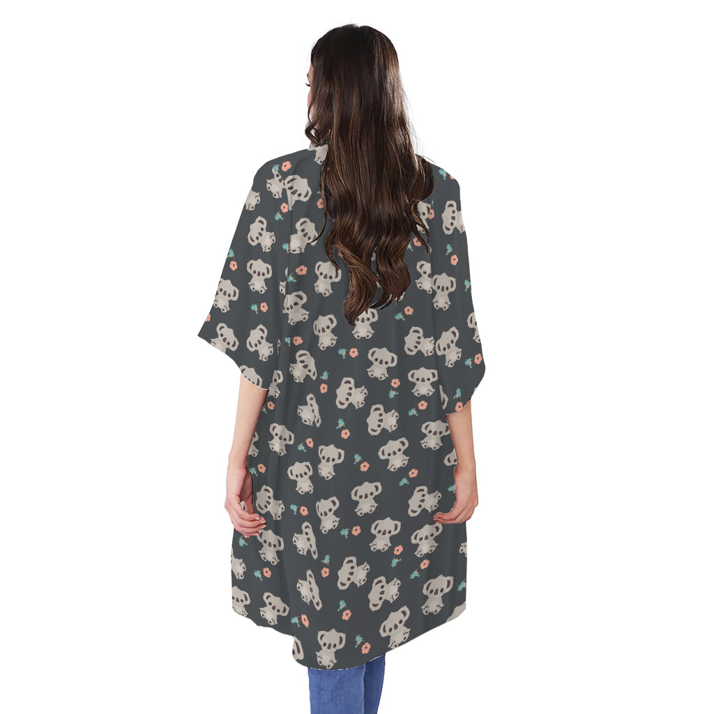Baby Koala And Floral Pattern Print Open Front Beach Cover Up
